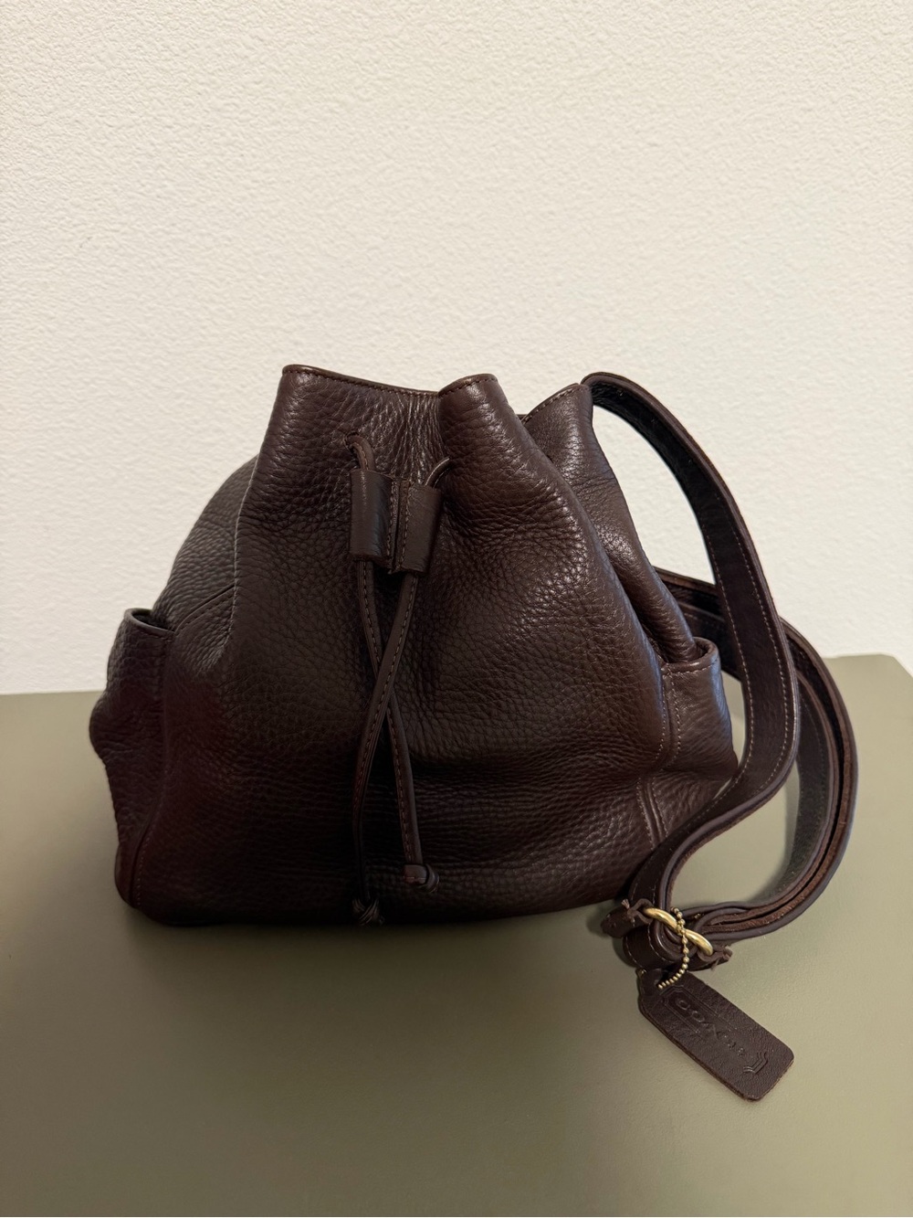 Coach Dark Brown Pebbled Leather Drawstring Shoulder Bag